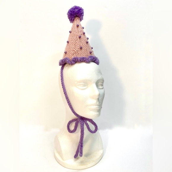 NWT Hand Knit Pink and Purple Party Hat with Faux Pearls One Size Fits Most - Picture 8 of 10